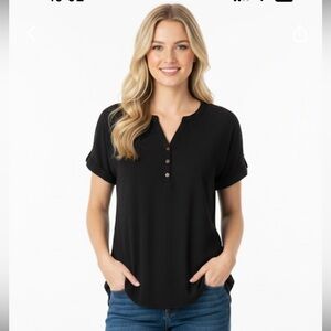 Dana Buchman Black Rolled Cuff Short Sleeve Textured Hi-Low Womens Top/Blouse